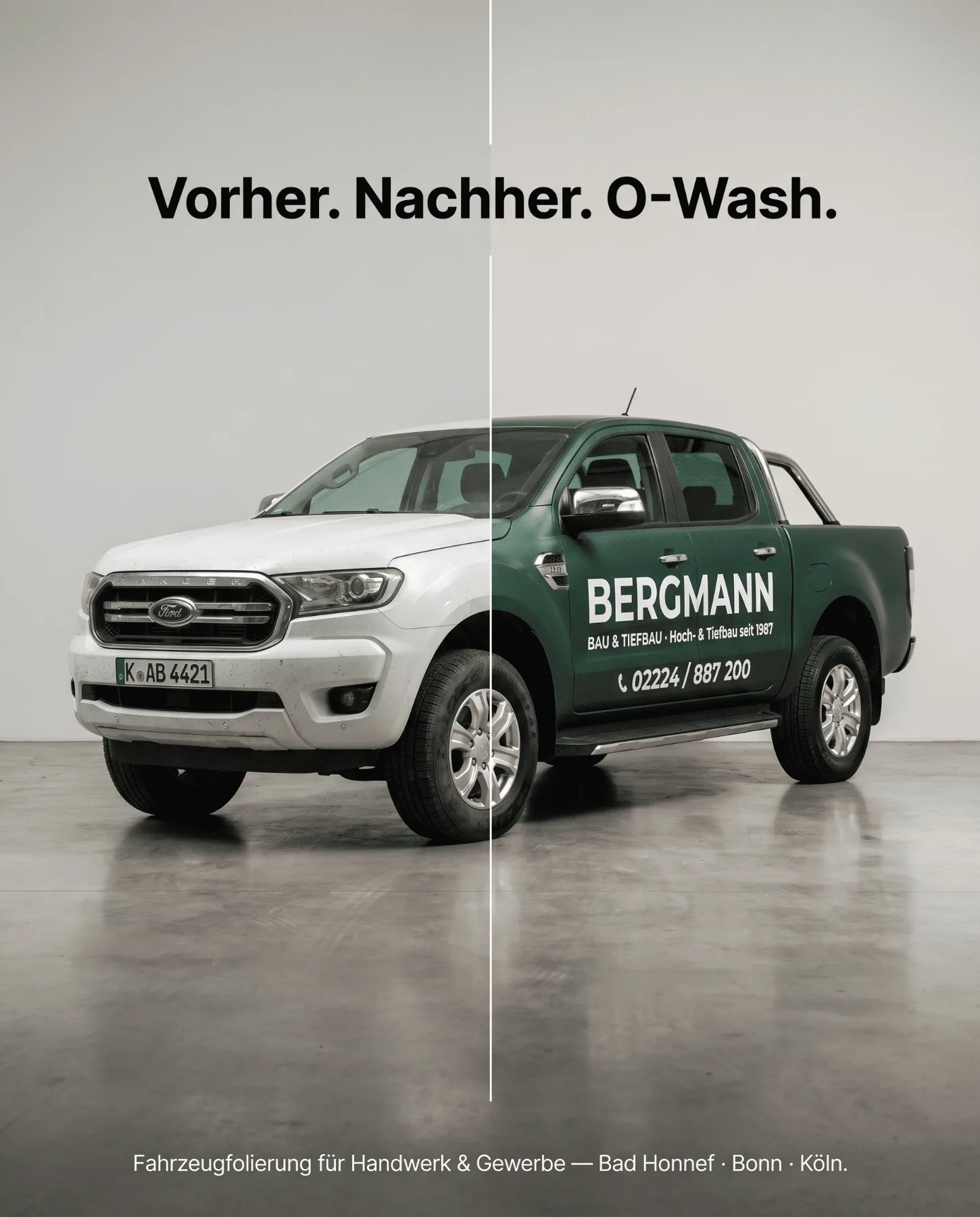 Vorher/Nachher: Ford Ranger vor und nach der Fahrzeugfolierung für einen Bauunternehmer